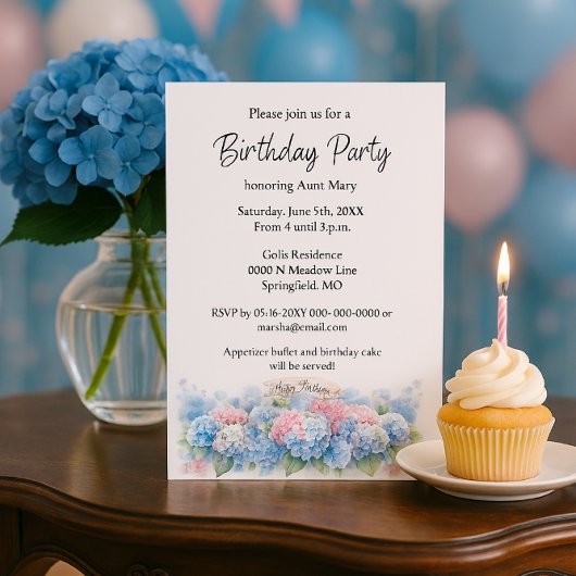 Birthday Party Blue Hydrangea Flower Invitation 招待状
