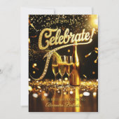 Birthday Party Celebrate Champagne Streamers Gold 招待状 (正面)