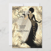 Birthday Party Cream Gold Black Dress Feathers 招待状 (正面)