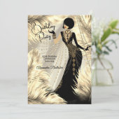 Birthday Party Cream Gold Black Dress Feathers 招待状 (スタンド正面)