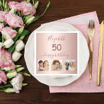 Birthday party custom photo rose gold pink スタンダードカクテルナプキン<br><div class="desc">For a 50th (or any age) birthday party. A collage of 3 of your photos of herself, friends, family, interest or pets. A girly, feminine rose gold, pink gradient background color. Personalize and add her name and age 50. The text: happy birthday is written with a trendy hand lettered style...</div>