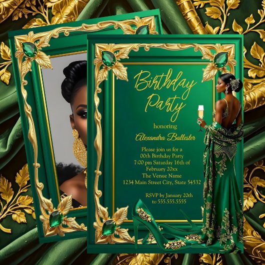 Birthday Party Emerald Green Gold high Heel Dress 招待状
