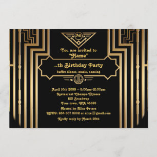Birthday Party, Gatsbyスタイル, Art-Deco,金ゴールドブラック 招待状