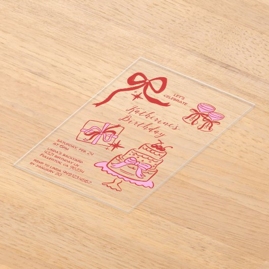 Birthday Party Hand Drawn Red Pink Scribble  アクリル招待状 (レイダウン)