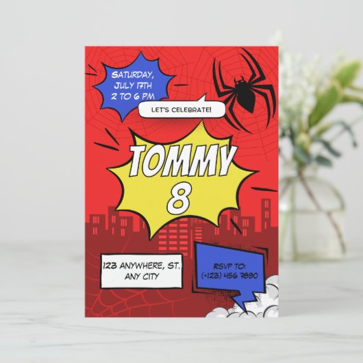Birthday Party Invitation Comic Spider Theme  招待状 (スタンド正面)