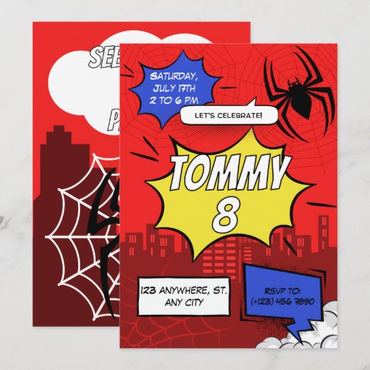 Birthday Party Invitation Comic Spider Theme  招待状 (正面/裏面)