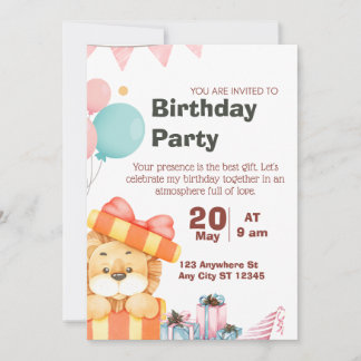 Birthday Party Invitation Cute Lion Jungle Safari 招待状