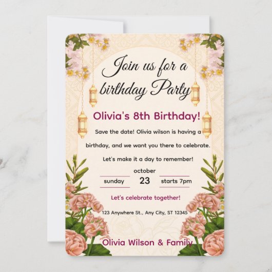 Birthday Party Invitation Elegant Floral 招待状 (正面)