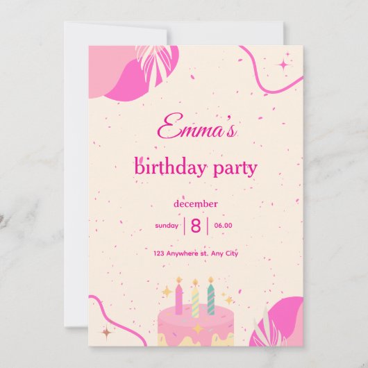 Birthday Party Invitation for Girls. 招待状 (正面)