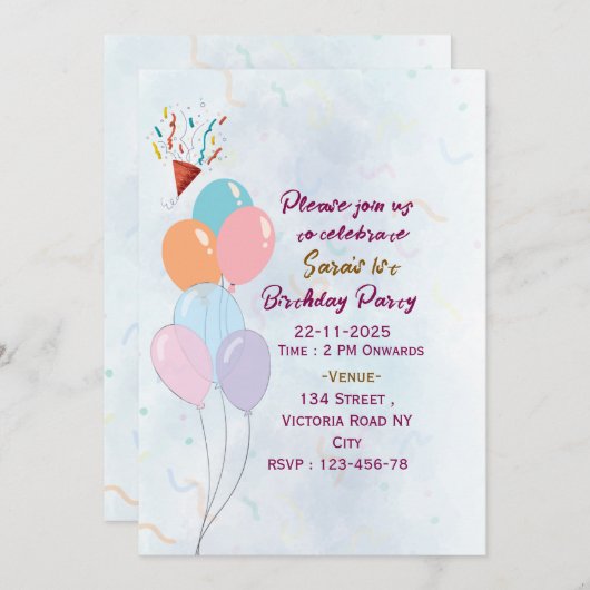 Birthday Party Invitations  招待状 (正面/裏面)