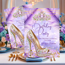 Birthday Party Lilac Teal Tiara Gold Heel Stiletto 招待状