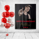 Birthday party photo black red gold タペストリー<br><div class="desc">A tapestry for a 21st (or any age) birthday party for guys. An elegant modern black background. Personalize and add your own high quality photo of the birthday boy/man. The text: The name is white with a modern hand lettered style script. Tempates for a name, age 21 and a date....</div>