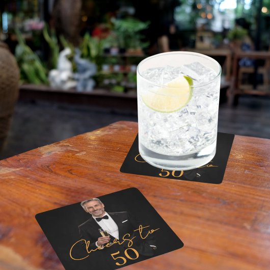 Birthday party photo cheers gold スクエアペーパーコースター