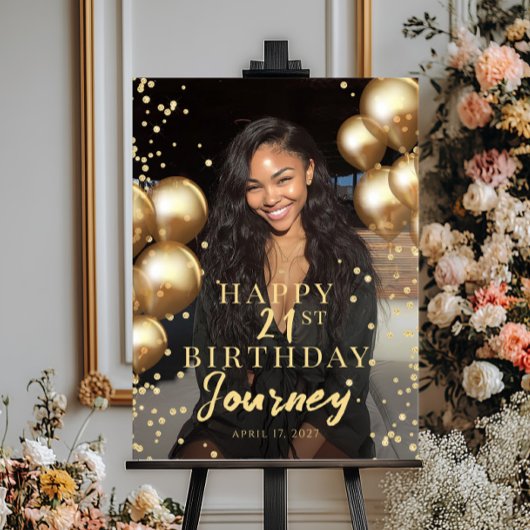 Birthday party photo gold balloons welcome ポスター