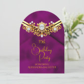 Birthday Party Plum Faux Velvet Gold Diamonds Gems 招待状 (スタンド正面)