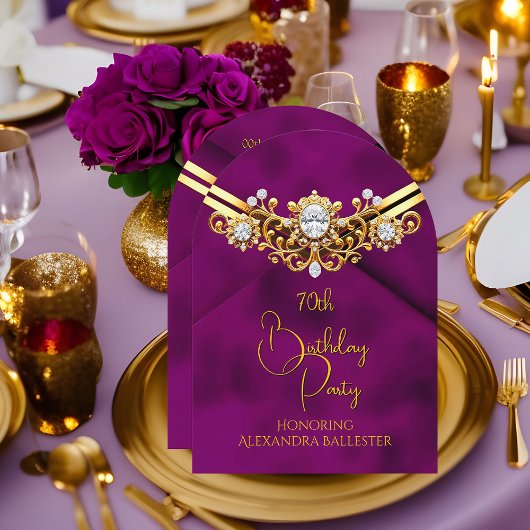 Birthday Party Plum Faux Velvet Gold Diamonds Gems 招待状