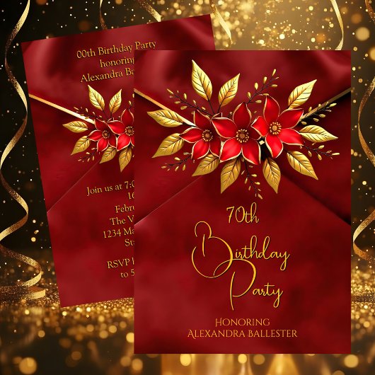Birthday Party Red Flowers Faux Crush Velvet Gold 招待状