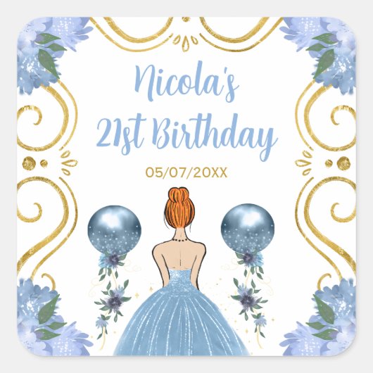 Birthday Party Red Hair Princess in Dusty Blue スクエアシール (正面)