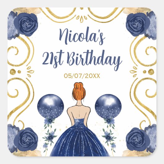 Birthday Party Red Hair Princess in Navy Blue スクエアシール (正面)