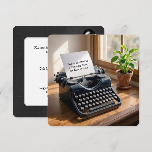 Birthday Party Retro Typewriter by a Window 招待状 (正面/裏面)