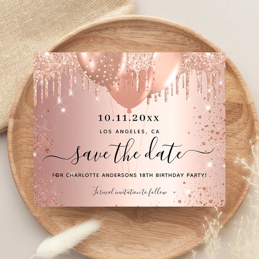 Birthday party rose gold budget save the date チラシ