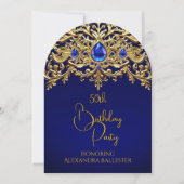 Birthday Party Royal Blue Gold Lace Diamonds Gems 招待状 (正面)