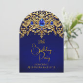 Birthday Party Royal Blue Gold Lace Diamonds Gems 招待状 (スタンド正面)