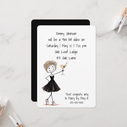 Birthday Party Stick Figure Girl with Martini 招待状 (正面/裏面インサイチュ)