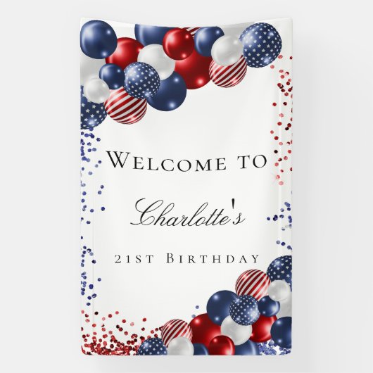 Birthday patriotic red white blue balloons welcome 横断幕 (縦)