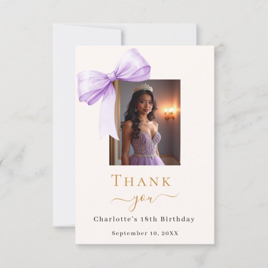 Birthday photo bow lavender ivory サンキューカード (正面)