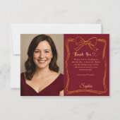 Birthday photo hand-written bow burgundy サンキューカード (正面)