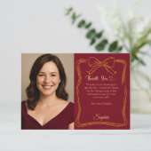 Birthday photo hand-written bow burgundy サンキューカード (スタンド正面)