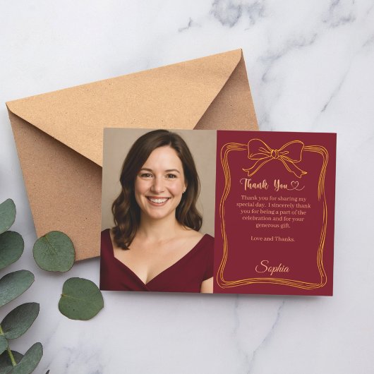 Birthday photo hand-written bow burgundy サンキューカード