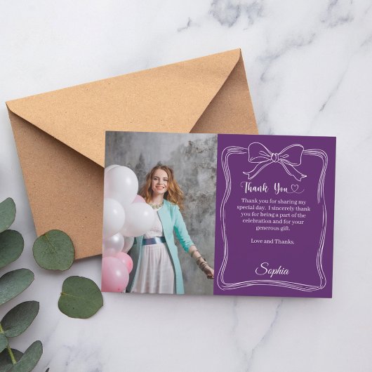 Birthday photo hand-written bow purple サンキューカード