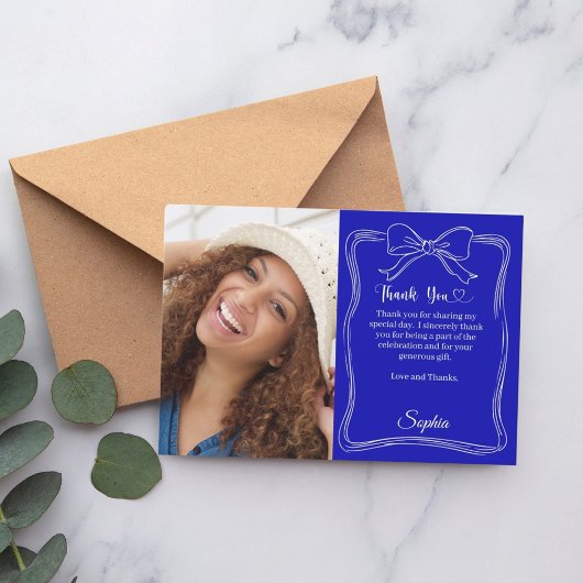 Birthday photo hand-written bow royal blue サンキューカード