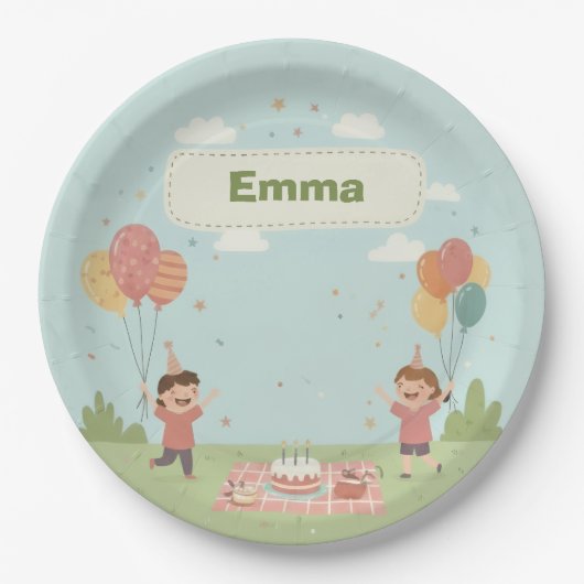 Birthday Picnic, Cute Retro Style ペーパープレート (正面)