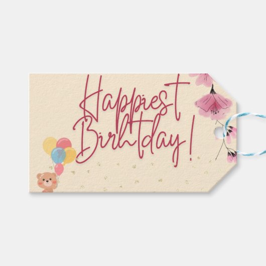 Birthday Pink floral gift tag, personalized  ギフトタグ (正面(横))
