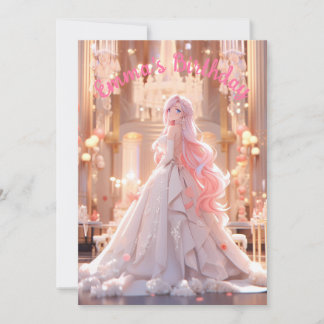 Birthday Pink hair princess in a white ballgown 招待状