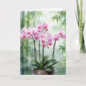 Birthday Pink Orchids On Green Bamboo カード (正面)