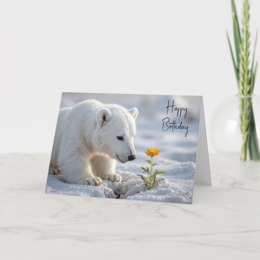 Birthday Polar Bear Cub Admiring a Daisy カード (正面)