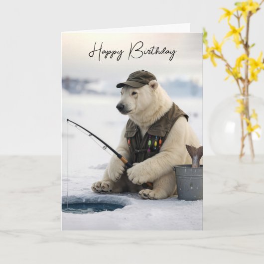 Birthday Polar Bear Ice Fishing カード (黄色い花)