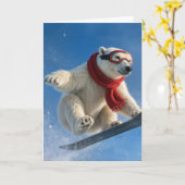 Birthday Polar Bear Mid-air on a Snowboard カード (黄色い花)