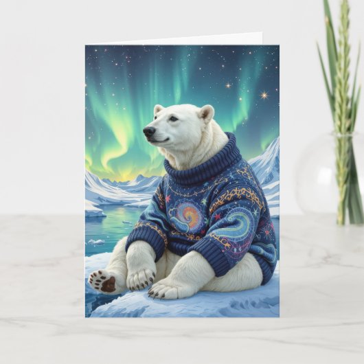 Birthday Polar Bear Sitting Under Northern Lights カード (正面)