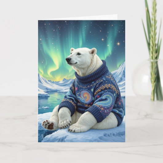Birthday Polar Bear Sitting Under Northern Lights カード (正面)