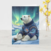 Birthday Polar Bear Sitting Under Northern Lights カード (黄色い花)