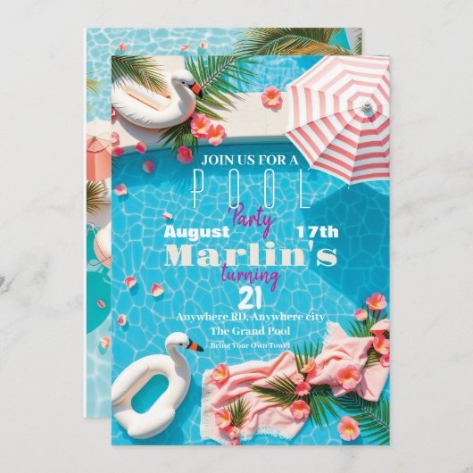 Birthday Pool Party invitation 招待状 (正面/裏面)