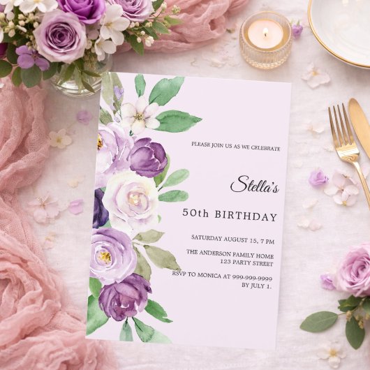 Birthday purple lavender florals blush pink 招待状