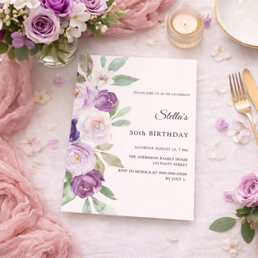 Birthday purple lavender florals ivory 招待状