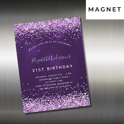 Birthday purple pink glitter luxury マグネット招待状