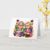 Birthday Quirky Old Ladies with Red Wine カード (黄色い花)